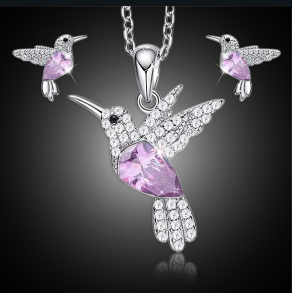Jewelry - HP!! NWT Beautiful Boho Purple 925 Silver Hummingbird Earrings & Necklace Set!!